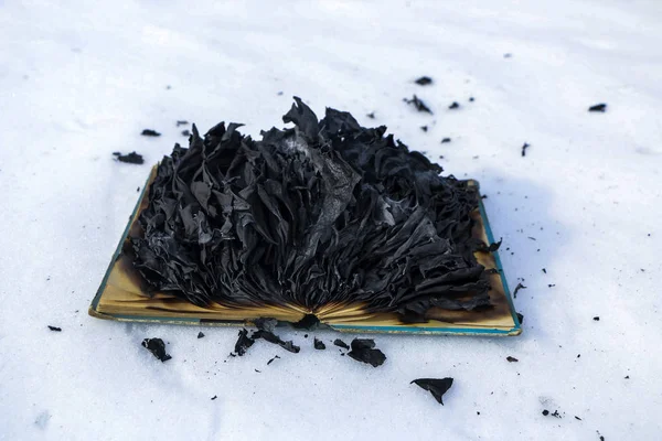 Палаюча книга в снігу. сторінки з текстом у відкритій книзі спалюють яскравим полум'ям . — стокове фото