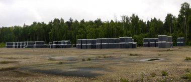 Temiz şişelerin bitmiş ürünleri paletler halinde paketlenir. Şişeli raflar ormanın yakınındaki cam fabrikasının yakınındaki terk edilmiş alanda.