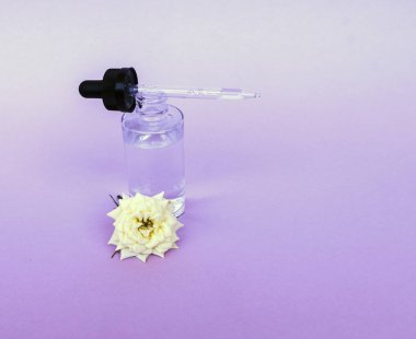 Yağ veya serum ile pipet ile cam şişe, hassas arka planda beyaz gül çiçeği ile. Konsept: organik biyo kozmetik, bitkisel yağlar, serum kollajen, Cilt Bakımı