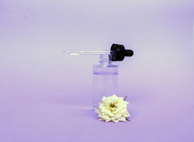 Yağ veya serum ile pipet ile cam şişe, hassas arka planda beyaz gül çiçeği ile. Konsept: organik biyo kozmetik, bitkisel yağlar, serum kollajen, Cilt Bakımı