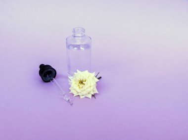 Yağ veya serum ile pipet ile cam şişe, hassas arka planda beyaz gül çiçeği ile. Konsept: organik biyo kozmetik, bitkisel yağlar, serum kollajen, Cilt Bakımı