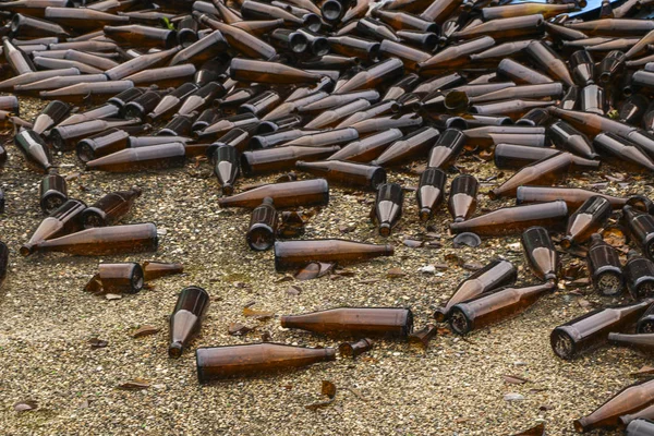 Egész és törött barna palackok szétszóródtak aszfalt. Koncepció: hulladék újrahasznosítás, hulladékkezelés — Stock Fotó
