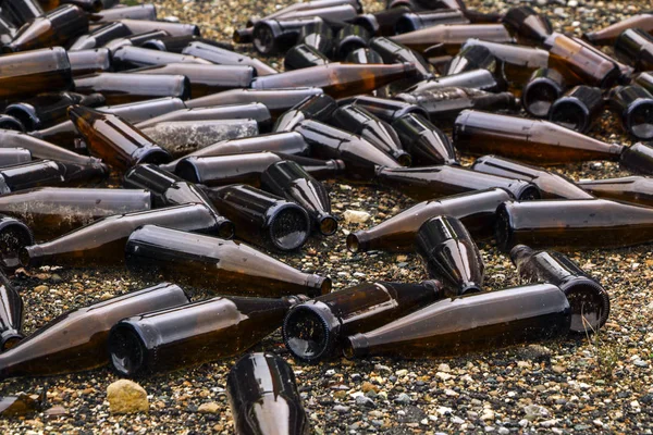whole and broken brown bottles are scattered on gravel.Concept: