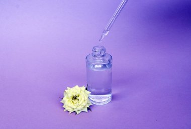 Yağ veya serum ile pipet ile cam şişe, hassas arka planda beyaz gül çiçeği ile. Konsept: organik biyo kozmetik, bitkisel yağlar, serum kollajen, Cilt Bakımı
