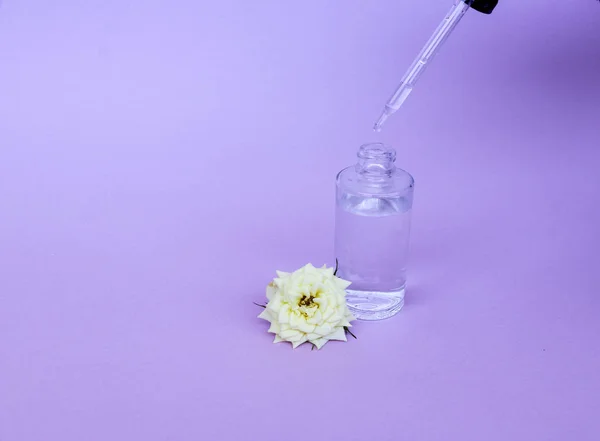 Glass bottle with pipette with oil or serum, with white rose flower on delicate background. Concept: organic bio cosmetics, vegetable oils, serum collagen, skin care — Stock Photo, Image