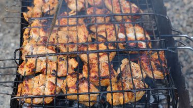 sıcak kömürler ve barbekü ateş et pişirme, ızgara üzerinde. Sıcak kebaplar ve domuz barbeküsü. Taze sıcak sulu ızgara.