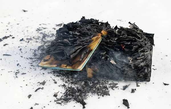 burning book in  snow. pages with the text in  open book burn with  bright flame.