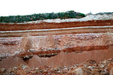 Toprağın jeolojik çalışmalarından sonra yer altındaki kil taş ocaklarının çeşitli katmanlarının dokuları. Toprağın bir bölümünde renkli kil ve taş katmanları, farklı kaya oluşumları ve toprak katmanları..