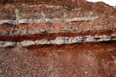 Toprağın jeolojik çalışmalarından sonra yer altındaki kil taş ocaklarının çeşitli katmanlarının dokuları. Toprağın bir bölümünde renkli kil ve taş katmanları, farklı kaya oluşumları ve toprak katmanları..