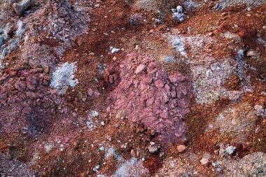 Toprağın jeolojik çalışmalarından sonra yer altındaki kil taş ocaklarının çeşitli katmanlarının dokuları. Toprağın bir bölümünde renkli kil ve taş katmanları, farklı kaya oluşumları ve toprak katmanları..