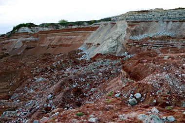 Toprak üzerinde yapılan jeolojik çalışmalardan sonra toprak altındaki kil katmanlarının dokuları. Toprağın bir bölümünde renkli kil ve taş katmanları, farklı kaya oluşumları ve toprak katmanları..
