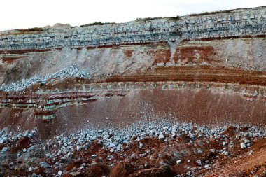 Toprağın jeolojik çalışmalarından sonra yer altındaki kil taş ocaklarının çeşitli katmanlarının dokuları. Toprağın bir bölümünde renkli kil ve taş katmanları, farklı kaya oluşumları ve toprak katmanları..