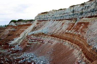 Toprağın jeolojik çalışmalarından sonra yer altındaki kil taş ocaklarının çeşitli katmanlarının dokuları. Toprağın bir bölümünde renkli kil ve taş katmanları, farklı kaya oluşumları ve toprak katmanları..