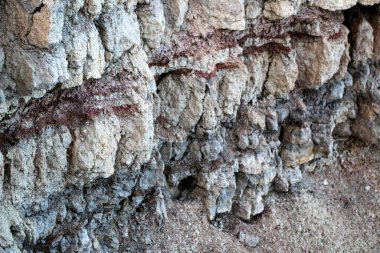 Toprağın jeolojik çalışmalarından sonra yer altındaki kil taş ocaklarının çeşitli katmanlarının dokuları. Toprağın bir bölümünde renkli kil ve taş katmanları, farklı kaya oluşumları ve toprak katmanları..