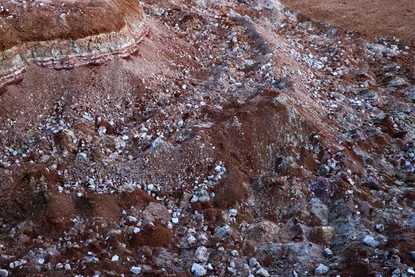 textures of various clay layers underground in  clay quarry after  geological study of the soil. colored layers of clay and stone in  section of the earth, different rock formations and soil layers.