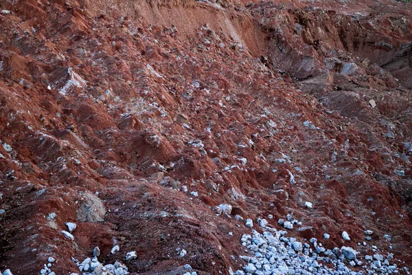 textures of various clay layers underground in  clay quarry after  geological study of the soil. colored layers of clay and stone in  section of the earth, different rock formations and soil layers.