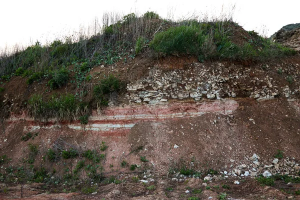 textures of various clay layers underground in  clay quarry after  geological study of the soil. colored layers of clay and stone in  section of the earth, different rock formations and soil layers.