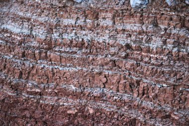 Toprağın jeolojik çalışmalarından sonra yer altındaki kil taş ocaklarının çeşitli katmanlarının dokuları. Toprağın bir bölümünde renkli kil ve taş katmanları, farklı kaya oluşumları ve toprak katmanları..