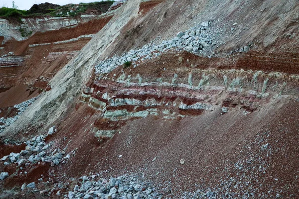 textures of various clay layers underground in  clay quarry after  geological study of the soil. colored layers of clay and stone in  section of the earth, different rock formations and soil layers.