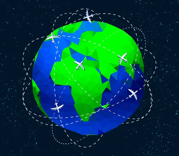 Globe Low-poly és repülők körül. Utazási és világszerte kapcsolat vektoros illusztráció. — Stock Vector