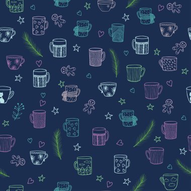 Şirin elle çizilmiş sorunsuz arka plan ile süs Teacups doodle