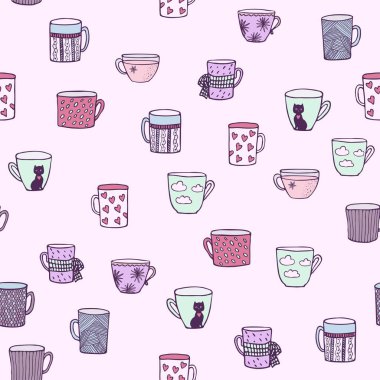 Şirin elle çizilmiş sorunsuz arka plan ile süs Teacups doodle.