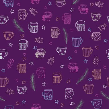 Şirin elle çizilmiş sorunsuz arka plan ile süs Teacups doodle.