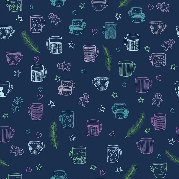 Şirin elle çizilmiş sorunsuz arka plan ile süs Teacups doodle