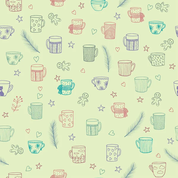 Şirin elle çizilmiş sorunsuz arka plan ile süs Teacups doodle.