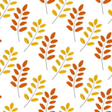 Elle çizilmiş seamless modeli düşmüş sonbahar ile çeşitli türü ve rengi beyaz zemin üzerine bırakır. Sonbahar zemin renkli yeşillik ile. Vektör çizim tekstil baskı, ambalaj kağıdı için.