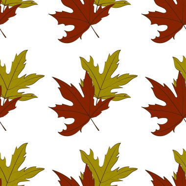 Elle çizilmiş seamless modeli düşmüş sonbahar ile çeşitli türü ve rengi beyaz zemin üzerine bırakır. Sonbahar zemin renkli yeşillik ile. Vektör çizim tekstil baskı, ambalaj kağıdı için.