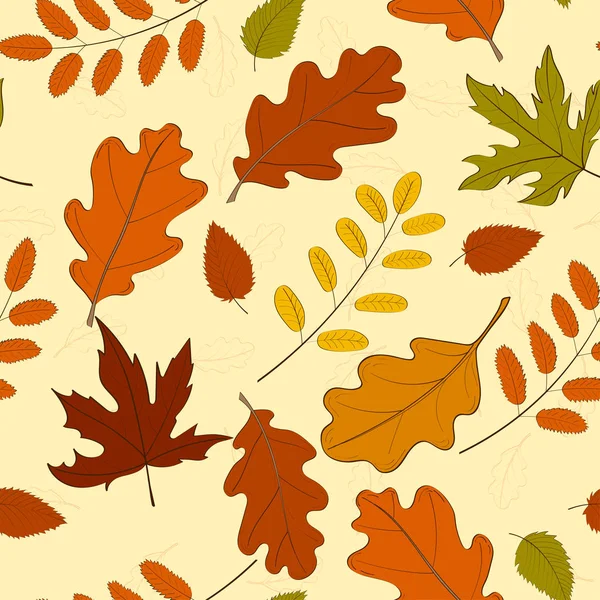 Ручной рисунок бесшовный с опавшими осенними листьями различного типа и цвета на белом фоне. Осенний фон с красочной листвой. Векторная иллюстрация для текстильной печати, оберточной бумаги . — стоковый вектор