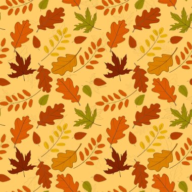 Elle çizilmiş seamless modeli düşmüş sonbahar ile çeşitli türü ve rengi beyaz zemin üzerine bırakır. Sonbahar zemin renkli yeşillik ile. Vektör çizim tekstil baskı, ambalaj kağıdı için.