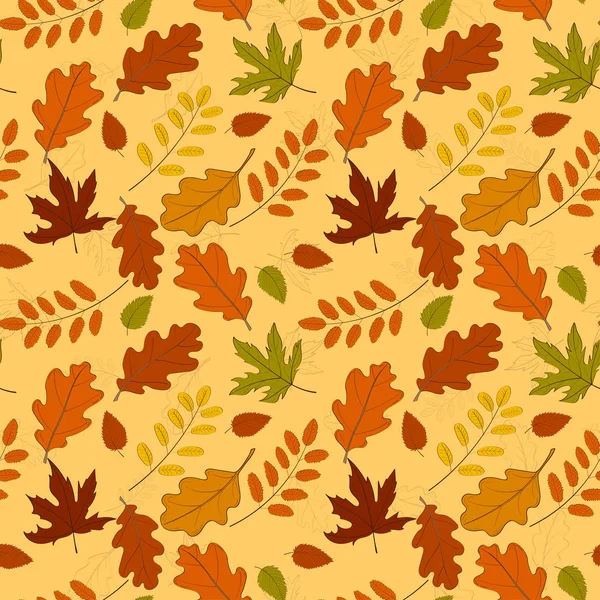Elle çizilmiş seamless modeli düşmüş sonbahar ile çeşitli türü ve rengi beyaz zemin üzerine bırakır. Sonbahar zemin renkli yeşillik ile. Vektör çizim tekstil baskı, ambalaj kağıdı için.