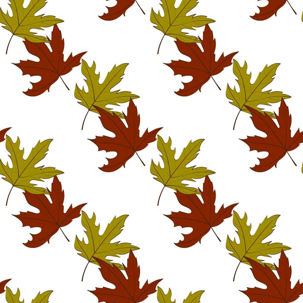 Hand drawn seamless pattern with fallen autumn leaves of various type and color on white background. Autumnal backdrop with colorful foliage. Vector illustration for textile print, wrapping paper. — Stock Vector