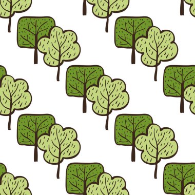 El ile vektör ekolojik desen ağaçlar çizilmiş. Yeşil doğa arka plan. Doodle karikatür bahar ve yaz Dikişsiz desen.