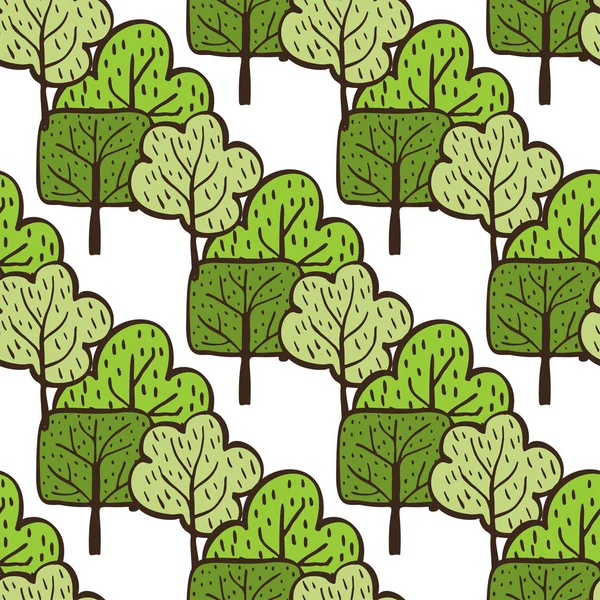 Vektorökologische Muster mit handgezeichneten Bäumen. Hintergrund: grüne Natur. Doodle Cartoon Frühjahr und Sommer nahtlose Muster. — Stockvektor