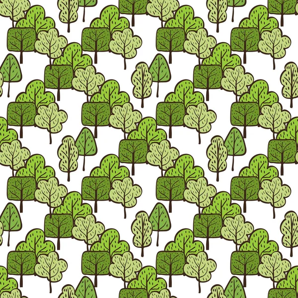 Vektorökologische Muster mit handgezeichneten Bäumen. Hintergrund: grüne Natur. Doodle Cartoon Frühjahr und Sommer nahtlose Muster. — Stockvektor