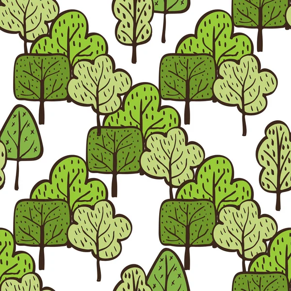 载体生态学样式与手绘的树。绿色自然背景。涂鸦卡通春夏无缝图案. — 图库矢量图片