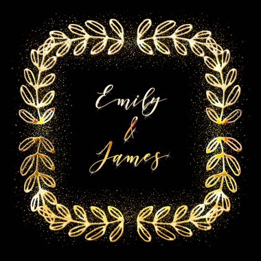 Çiçek El Çizilmiş Kenarlıklı Altın Parıltılı Çerçeve A. Düğün davetiyesi ve Rsvp Laurel tasarım. 