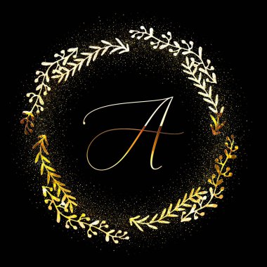 Çiçek El Çizilmiş Kenarlıklı Altın Parıltılı Çerçeve A. Düğün davetiyesi ve Rsvp Laurel tasarım. 