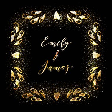 Çiçek El Çizilmiş Kenarlıklı Altın Parıltılı Çerçeve A. Düğün davetiyesi ve Rsvp Laurel tasarım. 
