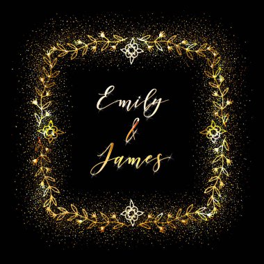 Çiçek El Çizilmiş Kenarlıklı Altın Parıltılı Çerçeve A. Düğün davetiyesi ve Rsvp Laurel tasarım. 