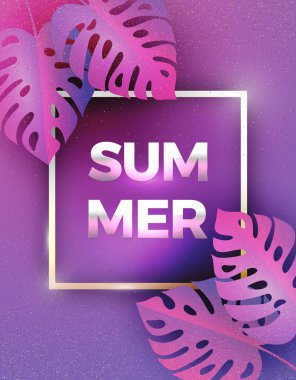 Yaz trend neon 3D reklam afişi şablonu. Canavar yaprağı parlak tropikal broşür ya da mağaza satışları için el ilanı.