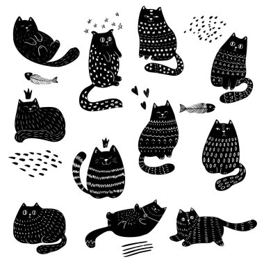 Kedi severler elleriyle kusursuz desen çizerler. Komik karalama yapan kediler tekstil ve ambalaj kağıdı tasarımı. Kediler duvar kağıdı.