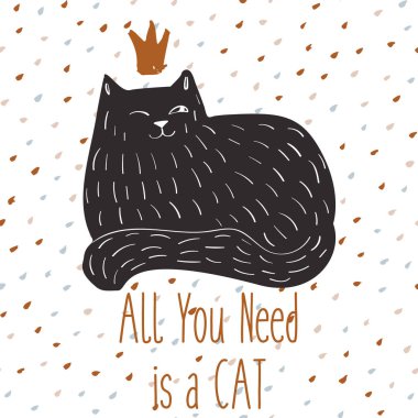 Sevimli Kedi el çizimi karalama kalıbı. Vector tişört tasarımı ya da kedi anne ve kedi baba için tebrik kartı. Kedi severler hediye tasarımı.