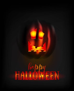 Halloween Pumpkin Yüz Korkunç Smile Dark üzerinde. Ürkütücü Hayalet Smiley Korku Karakteri. Gece Parlayan Gözleri olan Fener. Cadılar Bayramı Banner veya Davet Kartı Şablonu. Vektör İllüstrasyonu.