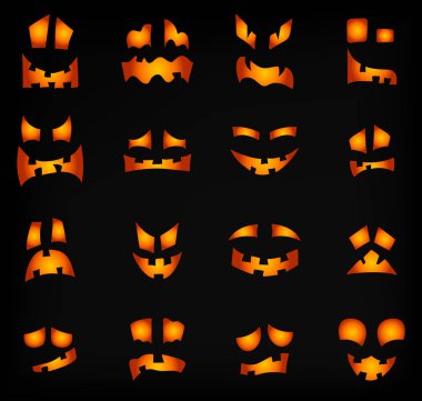 Cadılar Bayramı Balkabağı Karanlık Üzerinde Korkunç Gülümsüyor Yüzler. Ürkütücü Hayalet Smiley Korku Karakterleri Ayarlayın. Gece Parlayan Gözleri olan Fener. Cadılar Bayramı Banner veya Davet Kartı Şablon Öğeleri. Vektör İllüstrasyonu.