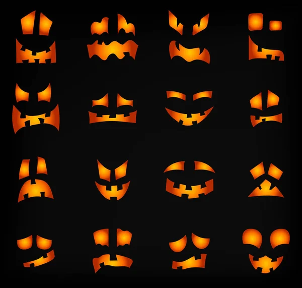 Halloween Pumpkin Faces Scary Smiles on Dark. Fantôme fantôme fantôme Smiley personnages d'horreur Set. Lanterne aux yeux brillants la nuit. Éléments du modèle de bannière d'Halloween ou de carte d'invitation. Illustration vectorielle . — Image vectorielle