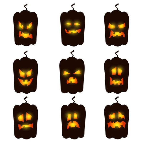 Halloween Pumpkin Faces Scary Smiles on Dark. Fantôme fantôme fantôme Smiley personnages d'horreur Set. Lanterne aux yeux brillants la nuit. Éléments du modèle de bannière d'Halloween ou de carte d'invitation. Illustration vectorielle . — Image vectorielle